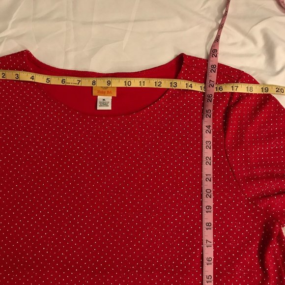 RUBY RD Classic RED & Metallic Silver Dotted "Shark Bite" Long Sleeve Tunic~EUC! - Picture 8 of 11